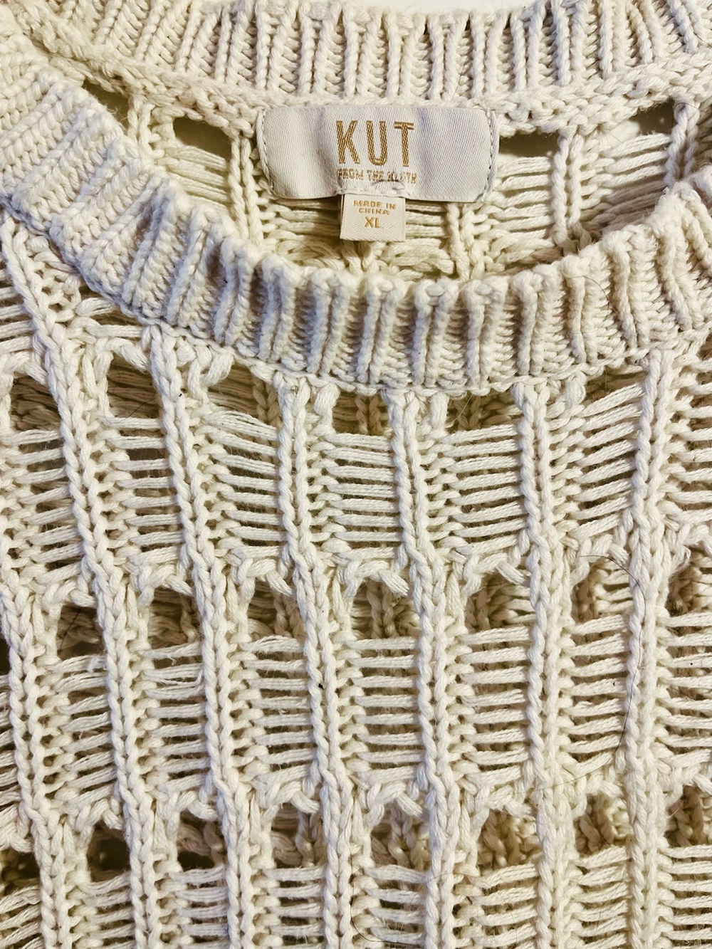 Kut from the Kloth 100% Cotton Open Knit Scalloped Hem Crew Sweater, Ivory, XL - Picture 4 of 7